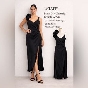 1.STATE Black One Shoulder Rosette Gown Size 10 NWT Stretch Formal Dress